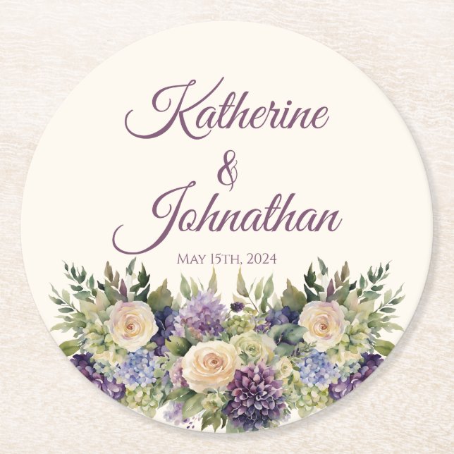 Watercolor Purple Flower Bouquet-Paper Coaster (Front)