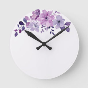 Watercolor purple flower bouquet round clock