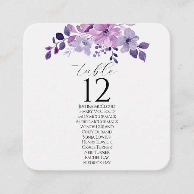 Watercolor purple flower bouquet square business card (Front)