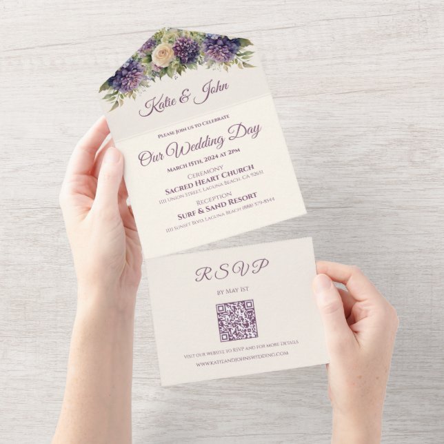 Watercolor Purple Flower Bouquet-Wedding- All In One Invitation (Tearaway)