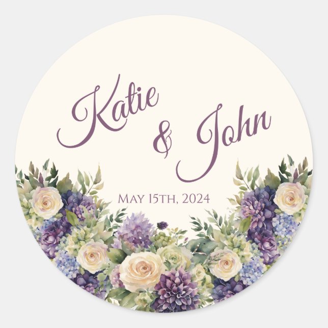 Watercolor Purple Flower Bouquet-Wedding- Classic Round Sticker (Front)