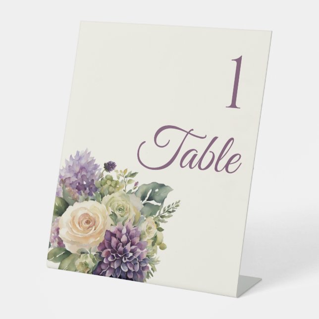 Watercolor Purple Flower Bouquet-Wedding- Pedestal Sign (Front)