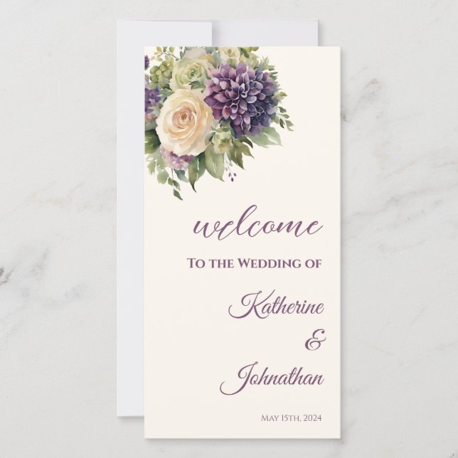 Watercolor Purple Flower Bouquet-Wedding Program- (Front)