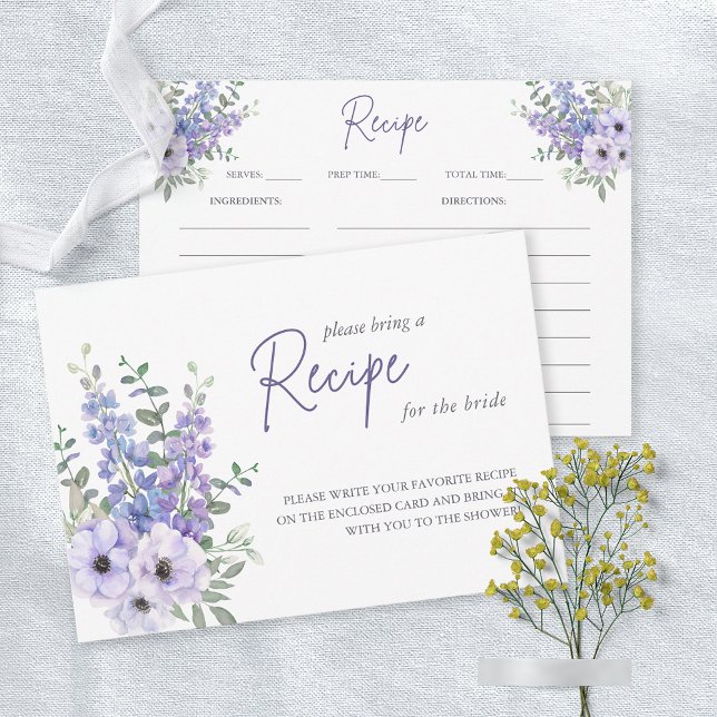 Watercolor Purple Flower Bridal Shower Recipe Card (Watercolor Purple Flower Bridal Shower Recipe Card)