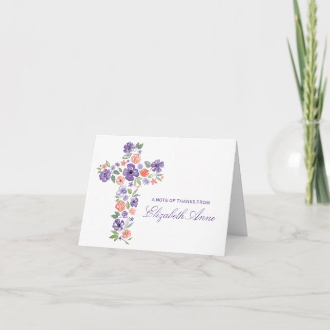 Watercolor Purple Flower Cross First Communion Thank You Card (Front)