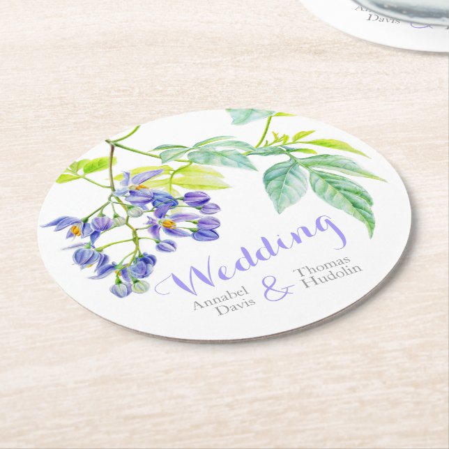 Watercolor purple flower wedding paper coasters (Angled)