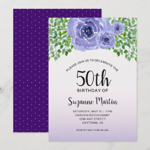 Watercolor Purple Flowers   50th Birthday Party Invitation
