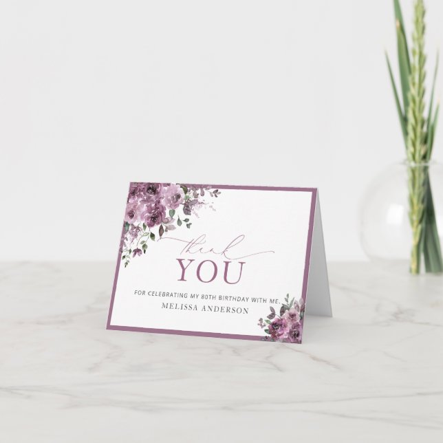 Watercolor Purple Flowers 80th Birthday Thank You Card (Front)