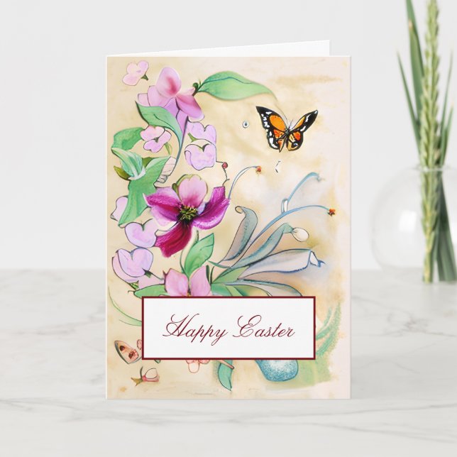 Watercolor purple flowers and butterfly Easter Holiday Card (Front)