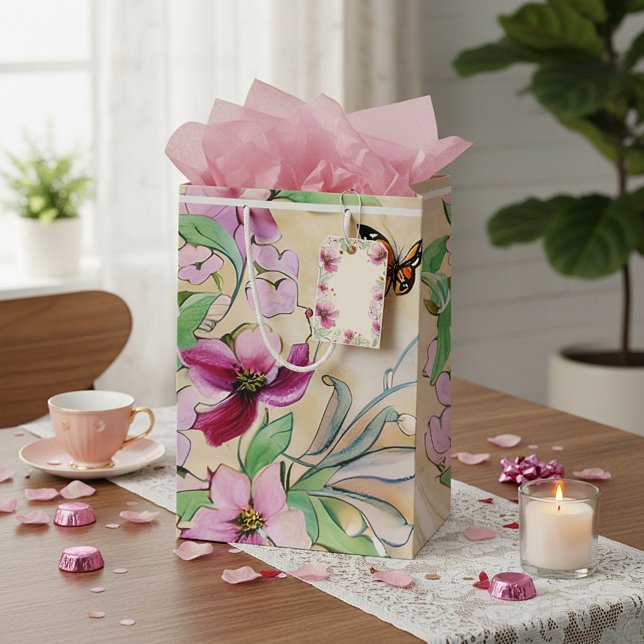 Watercolor purple flowers and butterfly medium gift bag (Creator Uploaded)