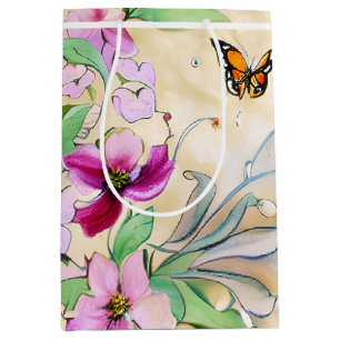 Watercolor purple flowers and butterfly medium gift bag