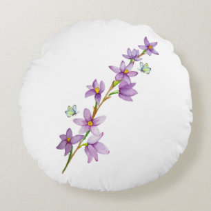 Watercolor purple flowers and cute butterflies round cushion