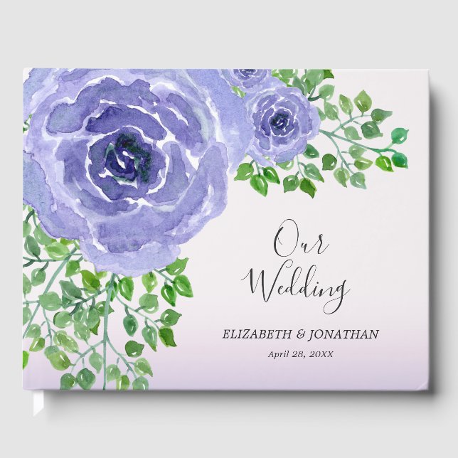 Watercolor Purple Flowers and Greenery Wedding Guest Book (Front)