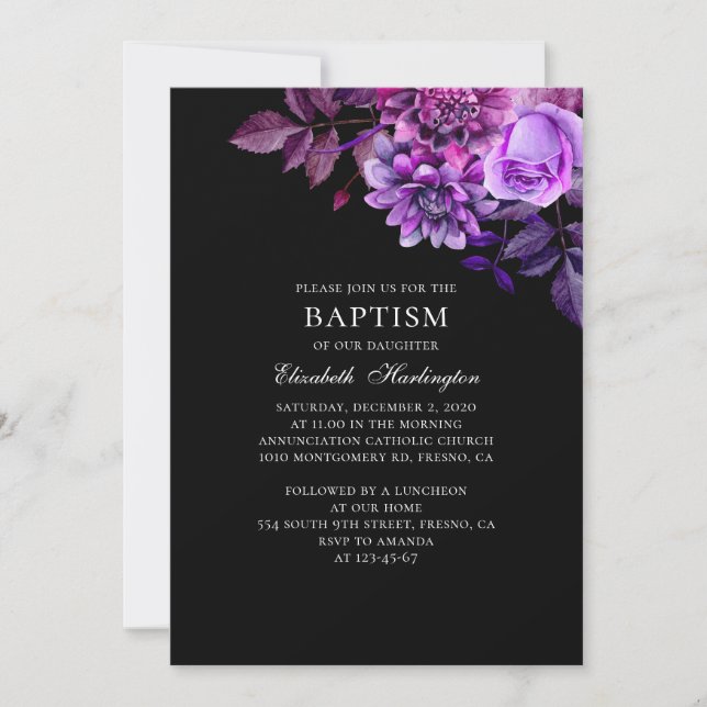 Watercolor purple flowers. Black floral baptism Invitation (Front)