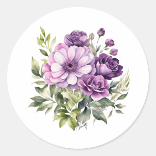 Watercolor Purple Flowers  Classic Round Sticker