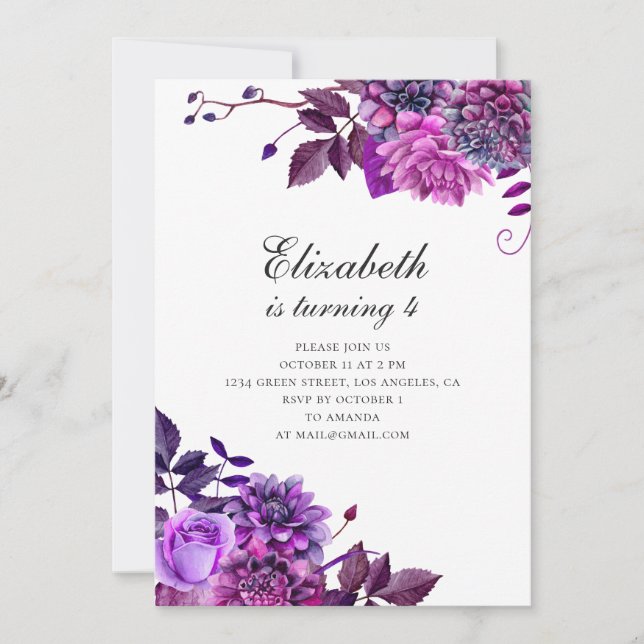 Watercolor purple flowers. Floral birthday party Invitation (Front)