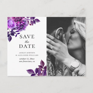 Watercolor purple flowers. Floral Save the Date Postcard