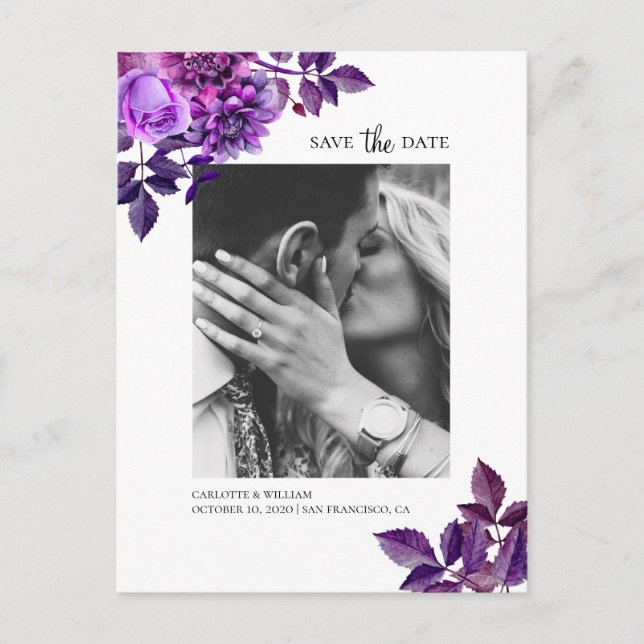 Watercolor purple flowers. Floral Save the Date Postcard (Front)