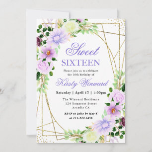 Watercolor Purple Flowers Gold Frame Sweet 16 Invitation