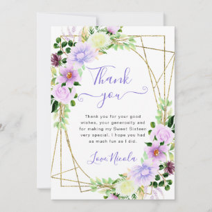 Watercolor Purple Flowers Gold Frame Sweet 16 Thank You Card