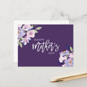 watercolor purple flowers happy mother's day  holiday postcard