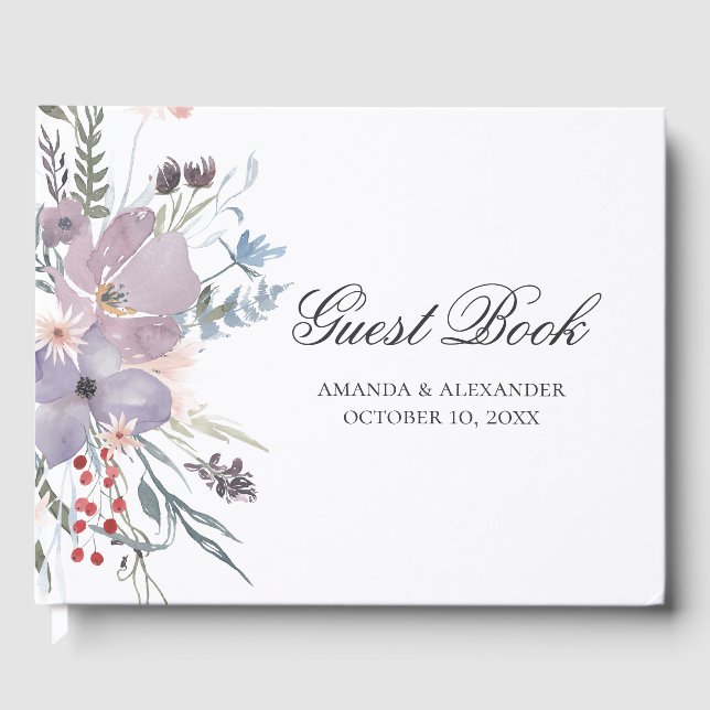 Watercolor purple flowers. Lavender floral wedding Guest Book (Front)