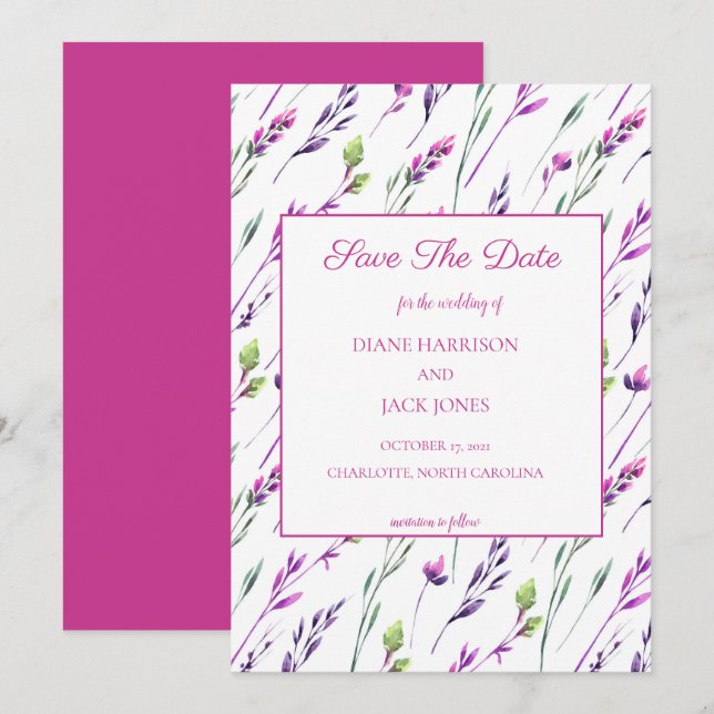 Watercolor Purple Flowers Save the Date Wedding Invitation (Front/Back)