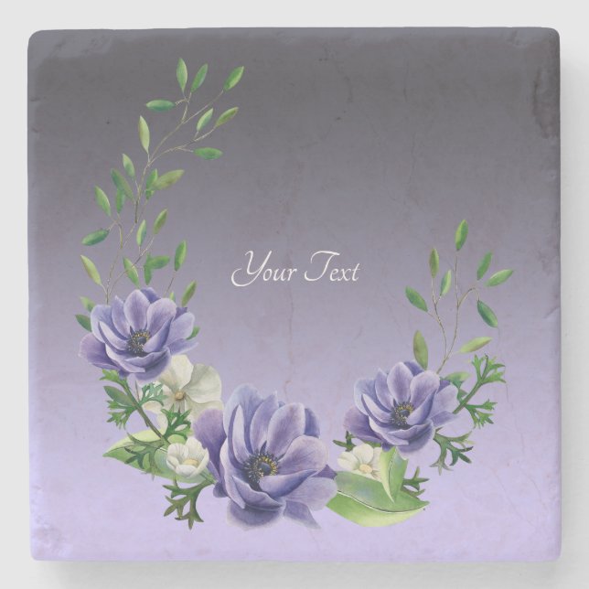 Watercolor Purple Flowers Stone Coaster (Front)