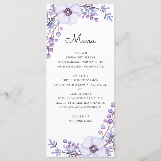 Watercolor purple flowers. Violet floral wedding Menu (Front)