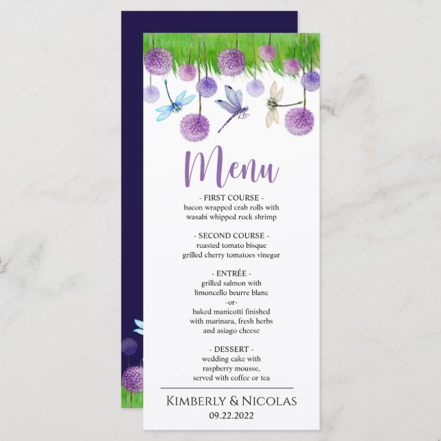 Watercolor Purple Flowers Wedding Dinner Menu (Front/Back)