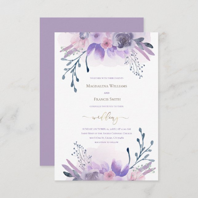 watercolor purple flowers | wedding invitation (Front/Back)