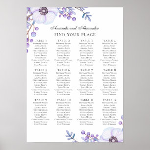 Watercolor purple flowers. Wedding seating chart
