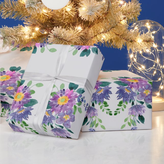 Watercolor Purple Garden Flowers Floral Art Wrapping Paper (Holidays)