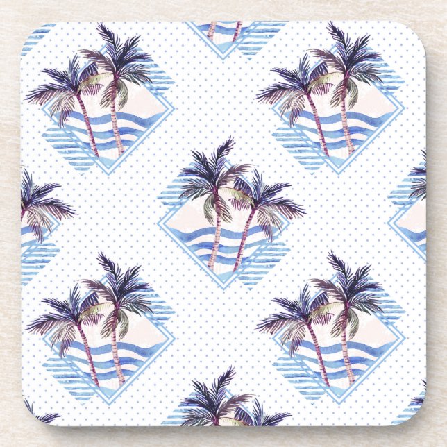 Watercolor Purple Geometric Palm Tree Pattern Coaster (Front)