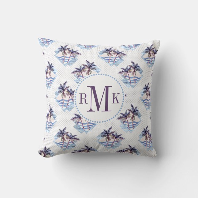Watercolor Purple Geometric Palm Tree Pattern Cushion (Front)