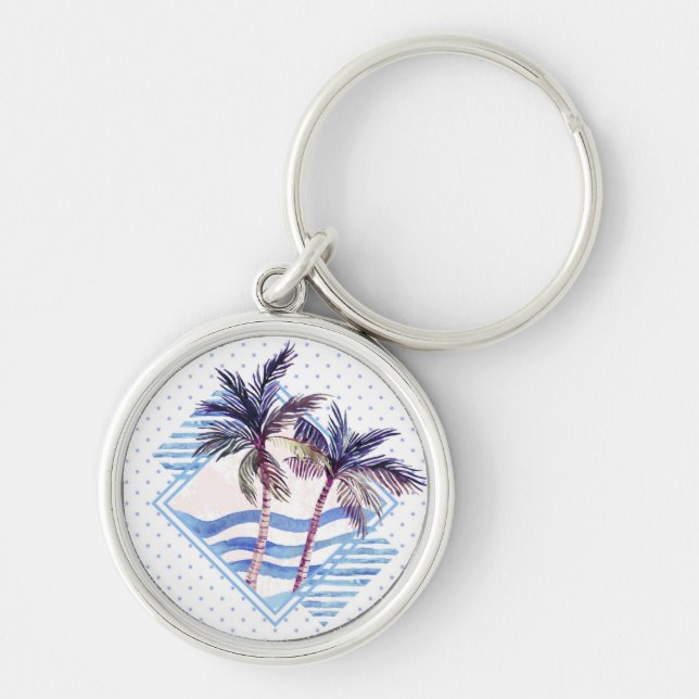 Watercolor Purple Geometric Palm Tree Pattern Key Ring (Front)
