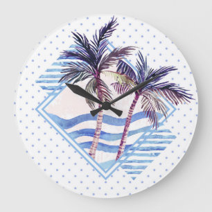 Watercolor Purple Geometric Palm Tree Pattern Large Clock