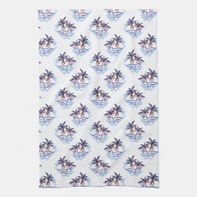 Watercolor Purple Geometric Palm Tree Pattern Tea Towel (Vertical)