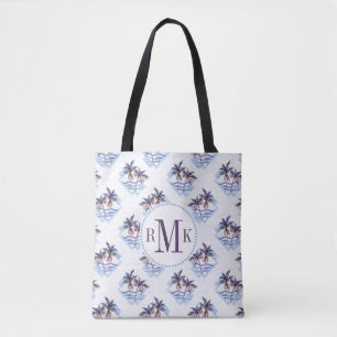 Watercolor Purple Geometric Palm Tree Pattern Tote Bag