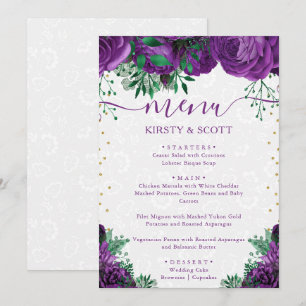 Watercolor Purple Glam Roses Flowers Wedding Menu