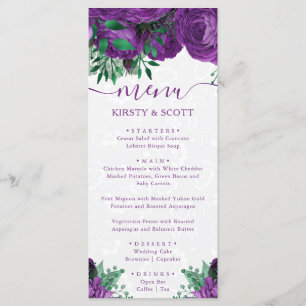 Watercolor Purple Glam Roses Flowers Wedding Menu