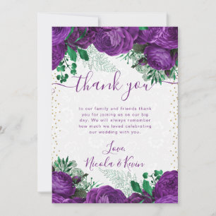 Watercolor Purple Glam Roses Flowers Wedding Thank You Card