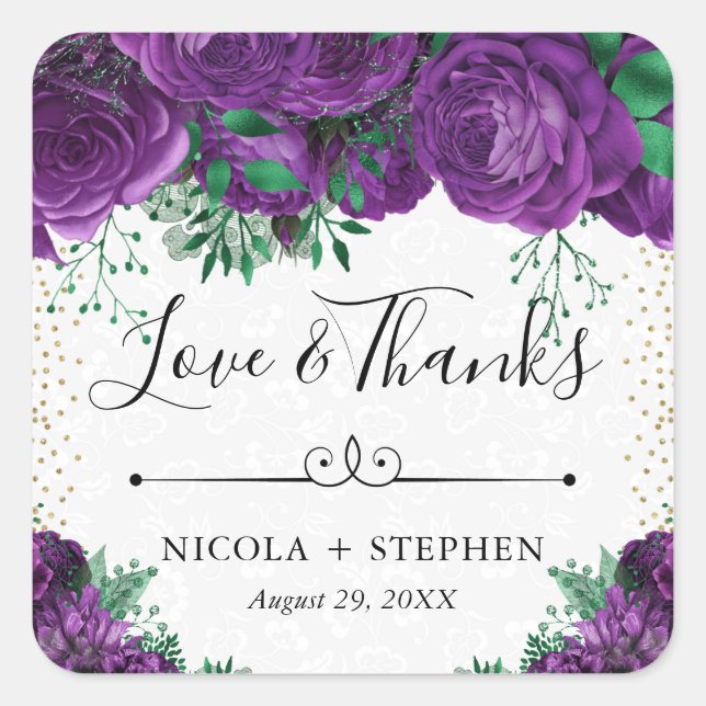Watercolor Purple Glam Roses Wedding Square Sticker (Front)