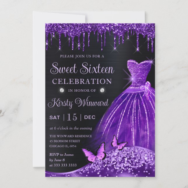 Watercolor Purple Glitter Dress Sweet Sixteen Invitation (Front)