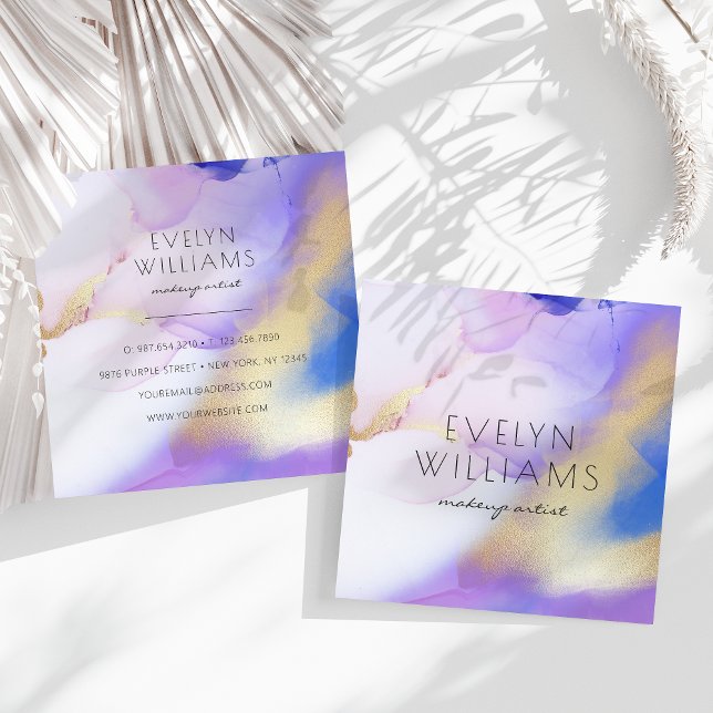 Watercolor Purple Gold Abstract Calligraphy Script Square Business Card (Creator Uploaded)