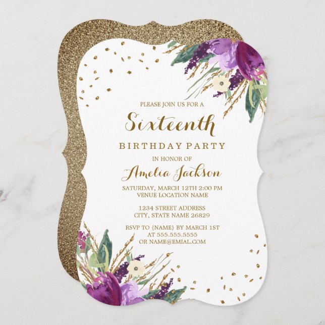 Watercolor Purple Gold Flower 16th Birthday Party Invitation (Front/Back)