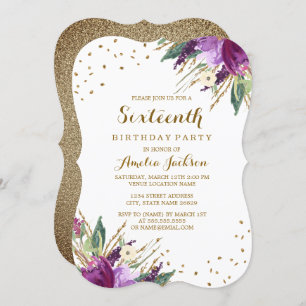 Watercolor Purple Gold Flower 16th Birthday Party Invitation