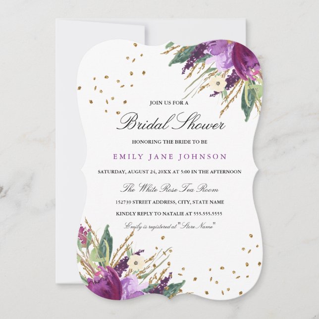 Watercolor Purple Gold Flower Bridal Shower Invite (Front)