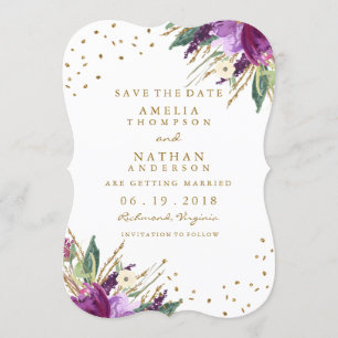 Watercolor Purple Gold Flower Save The Date
