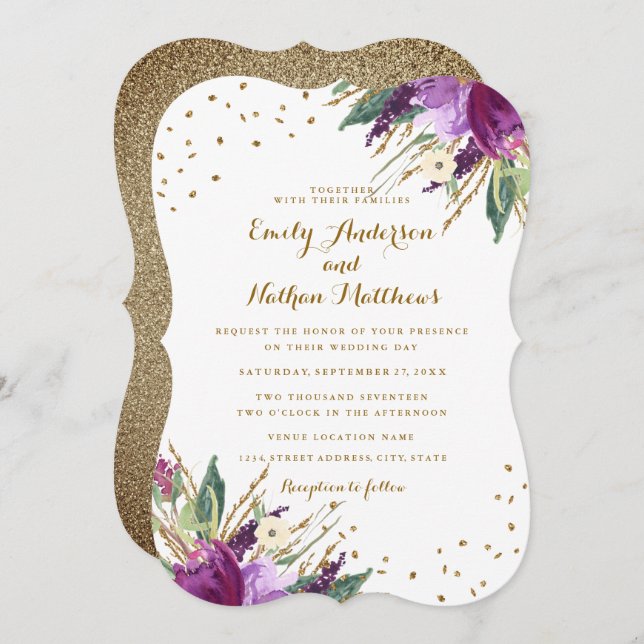 Watercolor Purple Gold Flower Wedding Invitation (Front/Back)